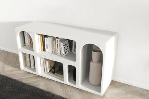 Drewniana komoda - regał - szafka RTV z łukami Visby OLIMPIA LONG / kolor szary mleczny / szer. 140 cm