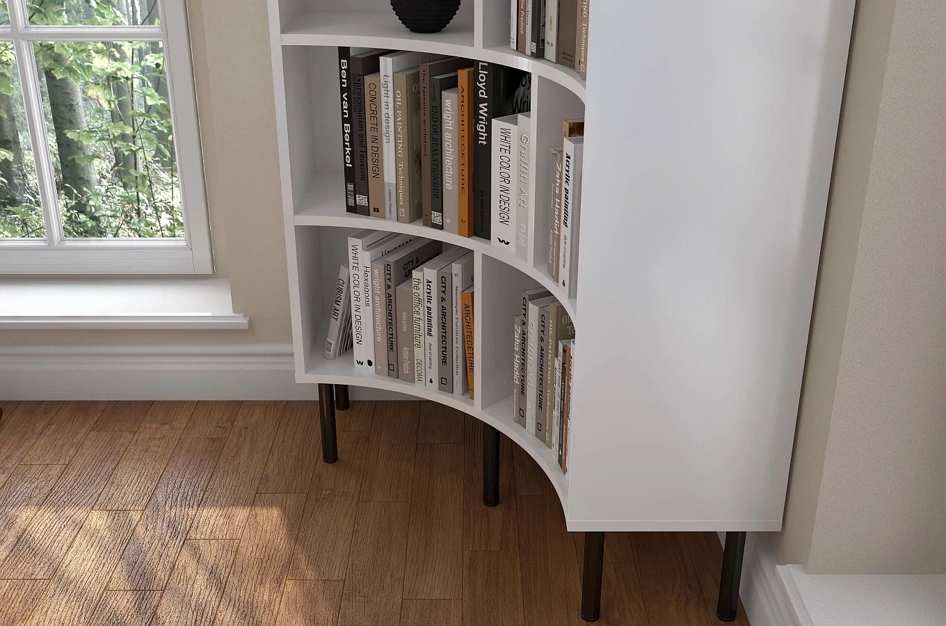 Nowoczesny narożny regał na książki Skandica HORN z czarnymi nogami / biały / szer. 80 cm