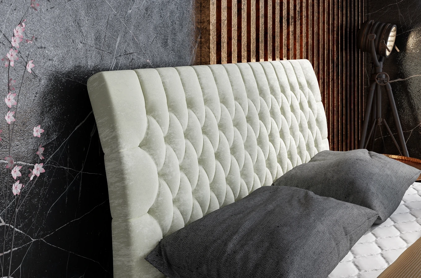 Eleganckie tapicerowane łóżko kontynentalne do sypialni PALACE z pojemnikiem na pościel