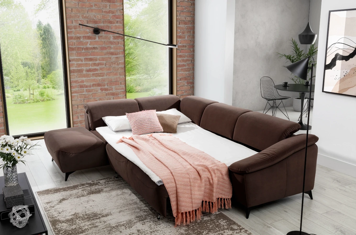 Nowoczesny narożnik CORTEZ z funkcją spania i pojemnikiem na pościel