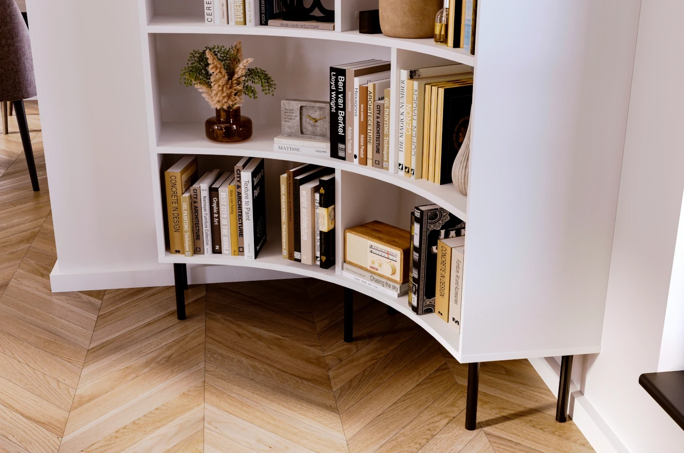 Nowoczesny narożny regał na książki Skandica HORN z czarnymi nogami / biały / szer. 100 cm