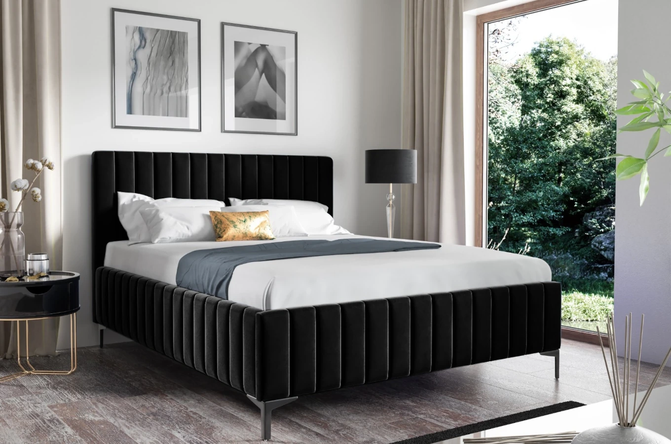 Eleganckie tapicerowane łóżko KORNELIA na metalowych nogach
