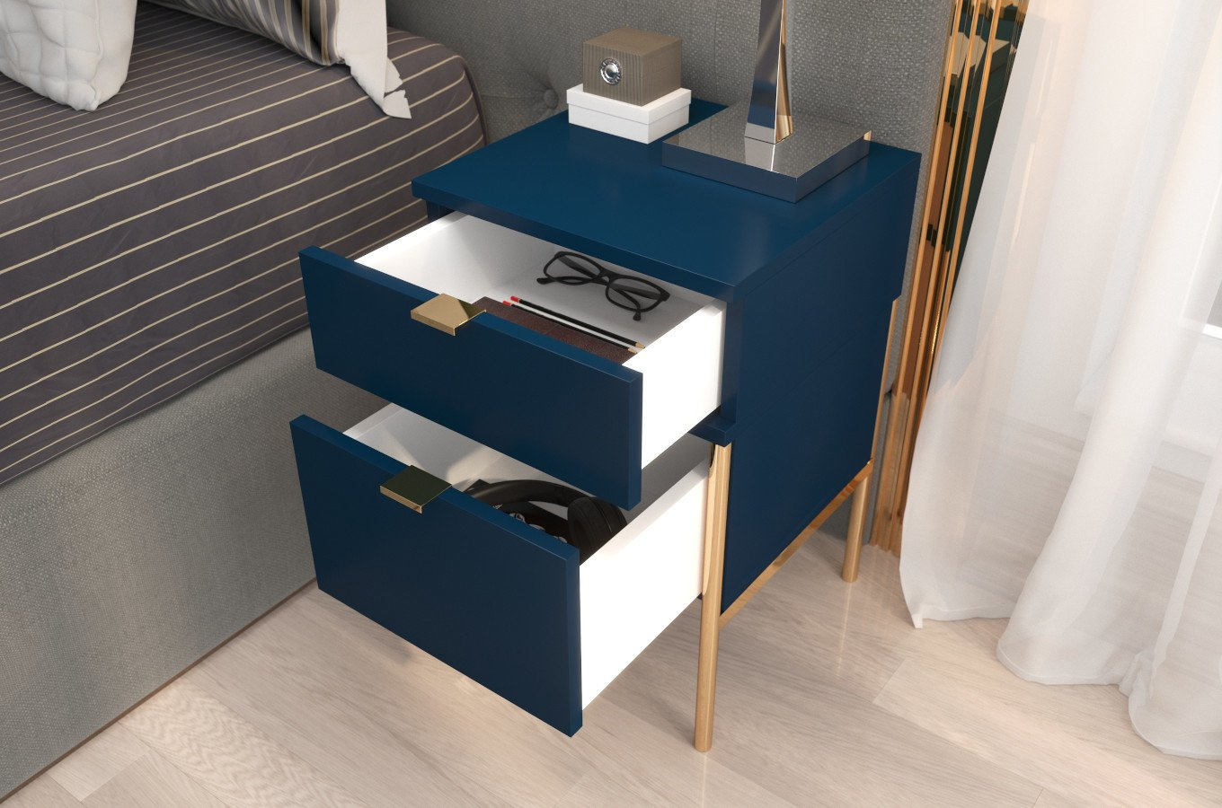 Elegancka granatowa szafka nocna Skandica POLKA na złotych nóżkach / szer. 38 cm