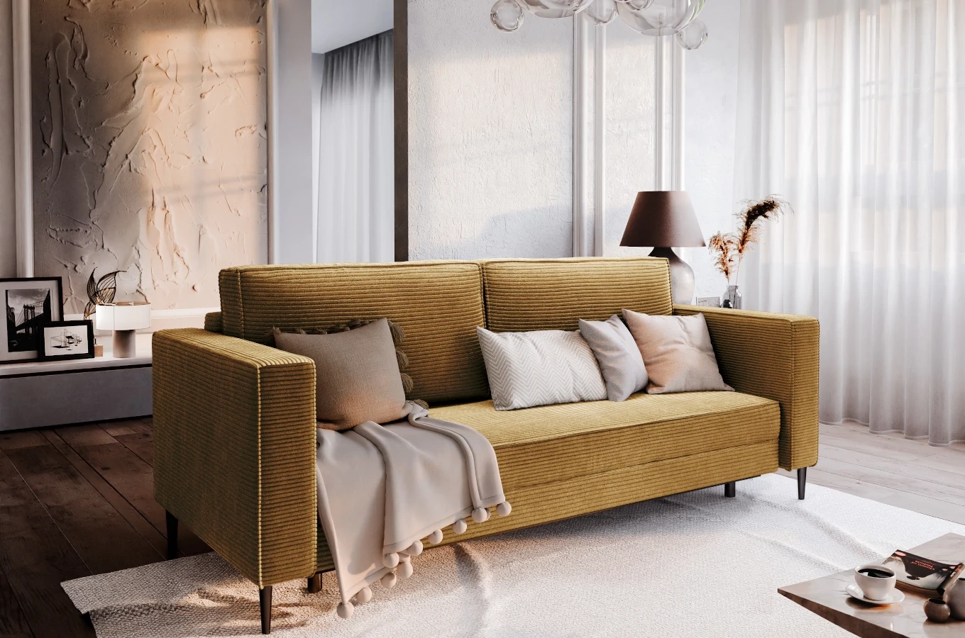 Nowoczesna sofa rozkładana GEPPI z funkcją spania i pojemnikiem na pościel / szerokość 226 cm