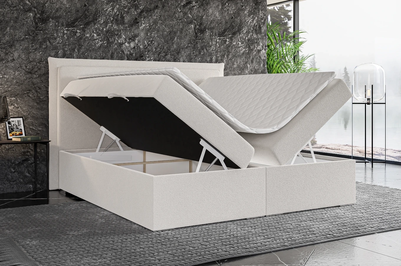 Eleganckie tapicerowane łóżko kontynentalne do sypialni CAMEL z pojemnikiem na pościel