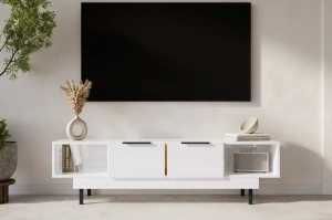 Elegancka biała komoda RTV Dancan ARTEMISA ze złotymi dodatkami / szer. 163 cm