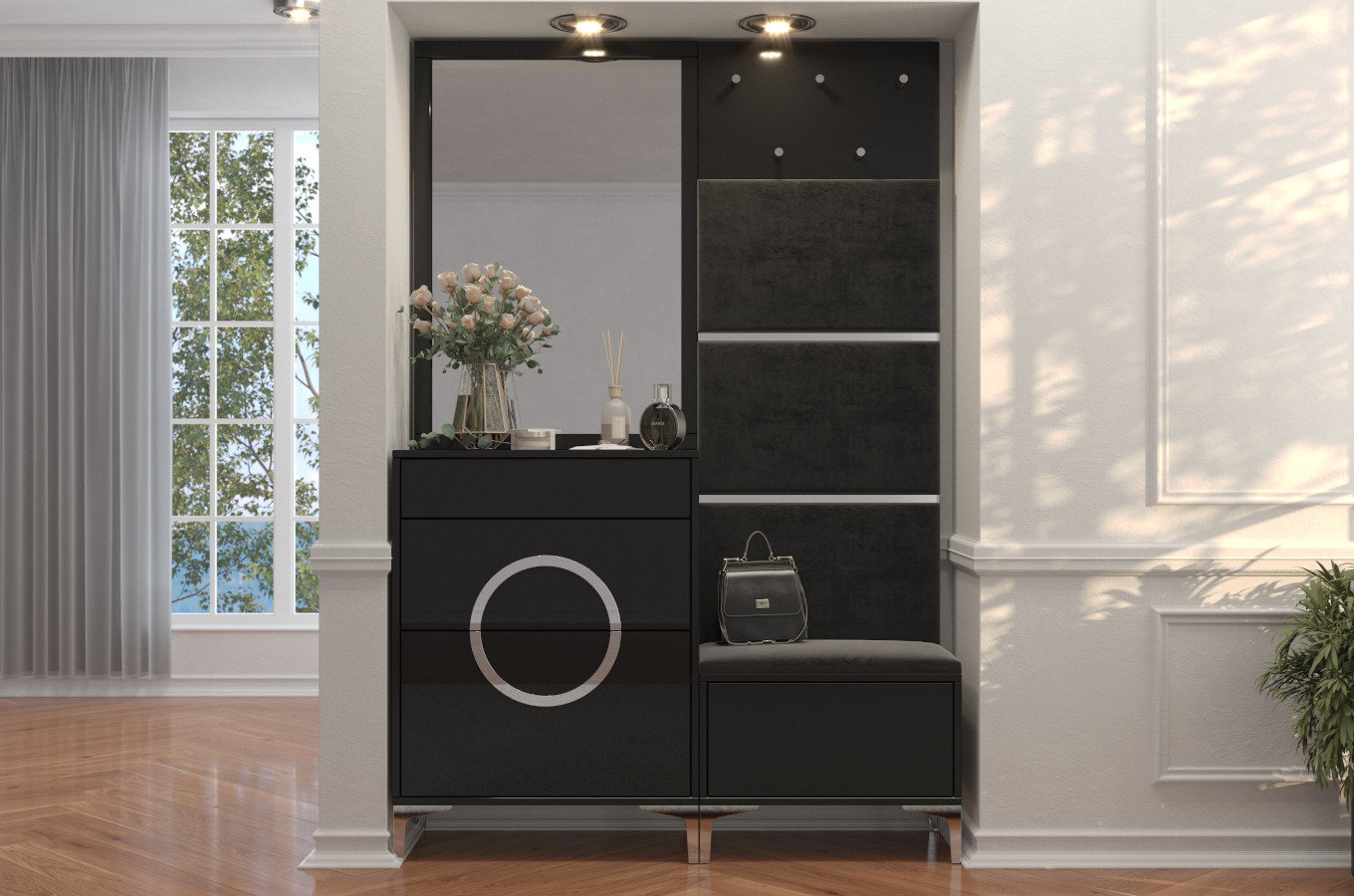 Czarno-srebrne siedzisko z pojemnikiem Dancan EVELINE wysoki połysk / szer. 60 cm