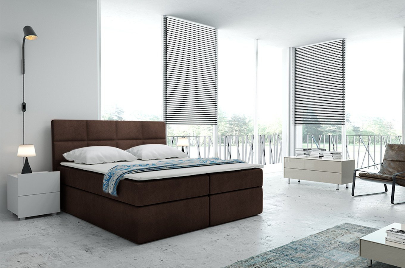 Tapicerowane łóżko kontynentalne BOLMAN z zagłówkiem pikowanym w prostokąty