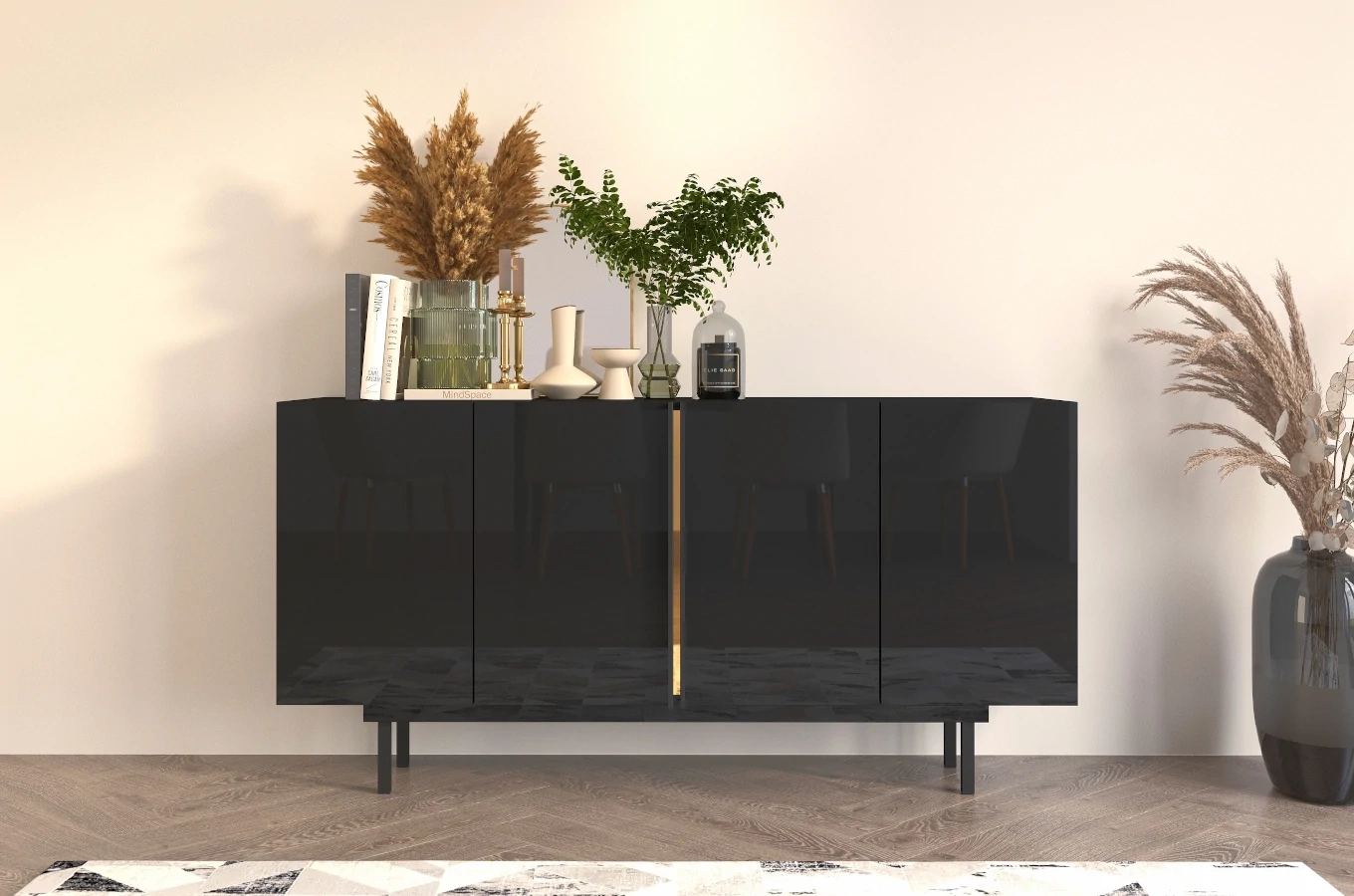 Elegancka czarna komoda Dancan ARTEMISA ze złotymi dodatkami / szer. 163 cm