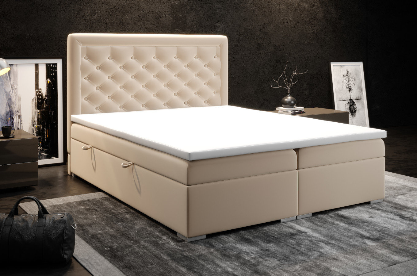 Eleganckie tapicerowane łóżko kontynentalne do sypialni ALESSIO z pojemnikiem na pościel