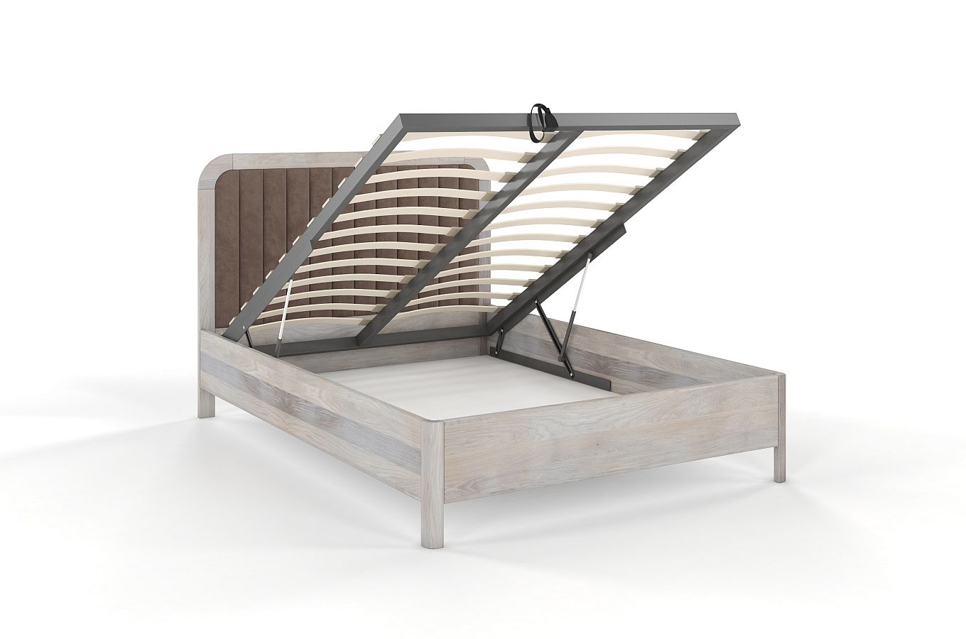 Tapicerowane łóżko drewniane dębowe Visby MODENA BC z wysokim zagłówkiem (skrzynia na pościel)