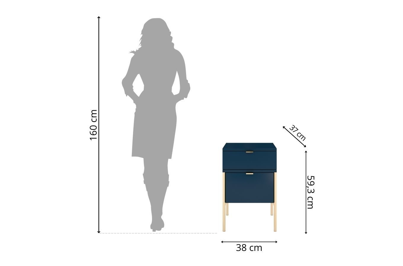 Elegancka granatowa szafka nocna Skandica POLKA na złotych nóżkach / szer. 38 cm