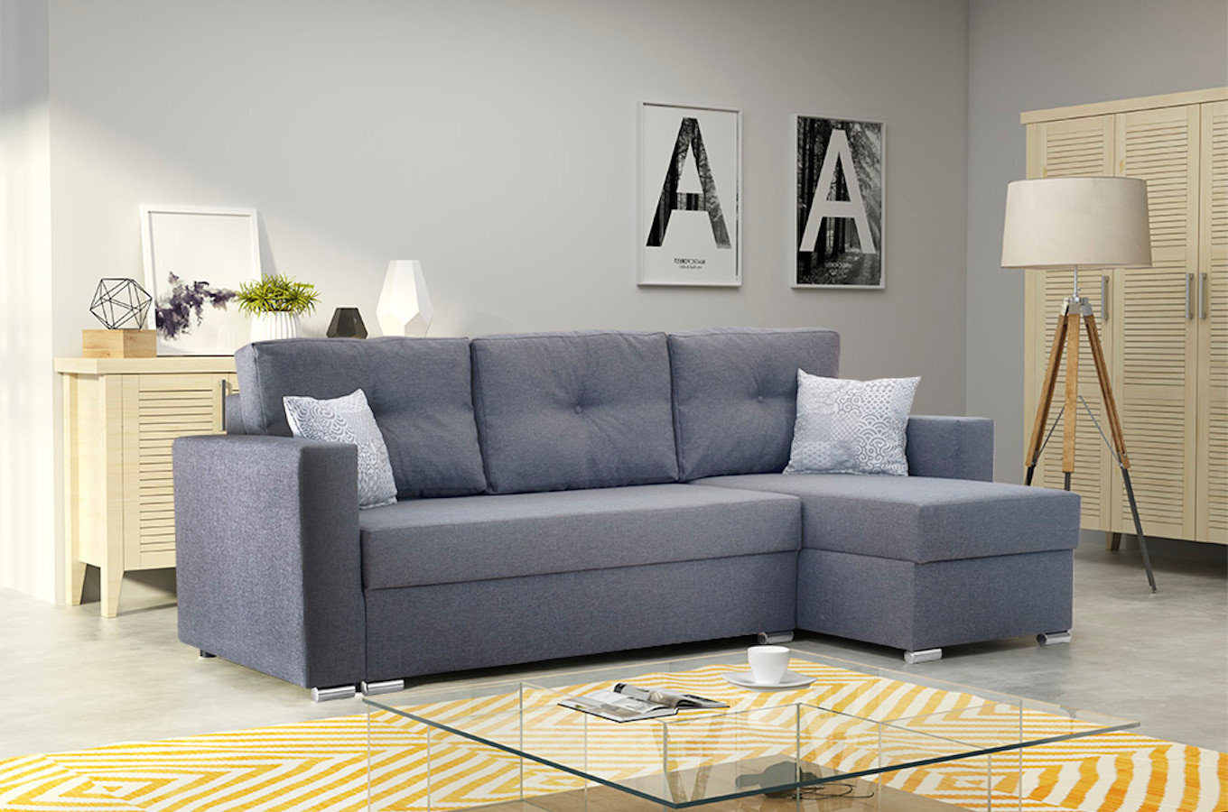 Nowoczesny narożnik ALESIO z funkcją spania i pojemnikiem na pościel