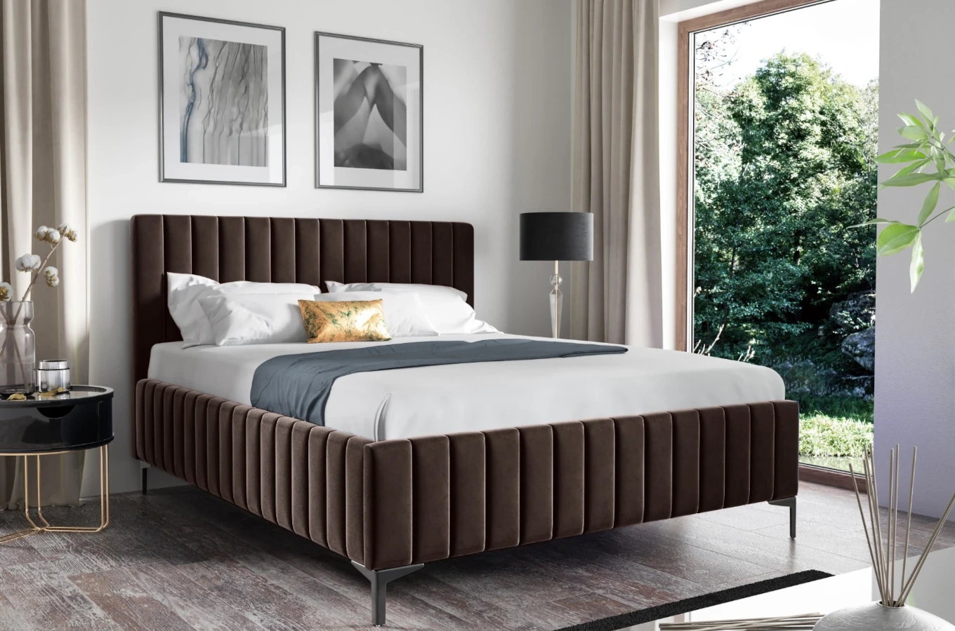 Eleganckie tapicerowane łóżko KORNELIA na metalowych nogach