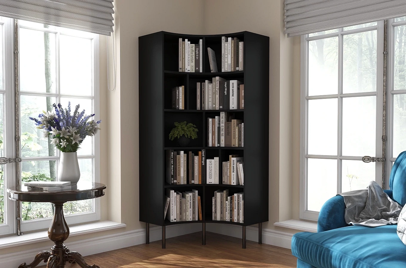 Nowoczesny narożny regał na książki Skandica HORN z czarnymi nogami / czarny / szer. 80 cm