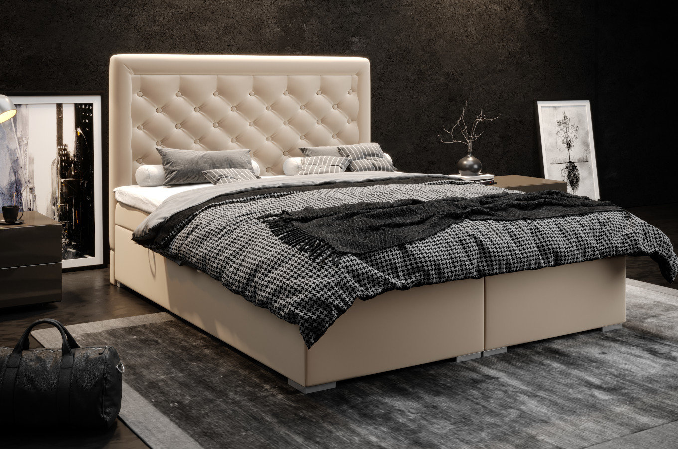 Eleganckie tapicerowane łóżko kontynentalne do sypialni ALESSIO z pojemnikiem na pościel