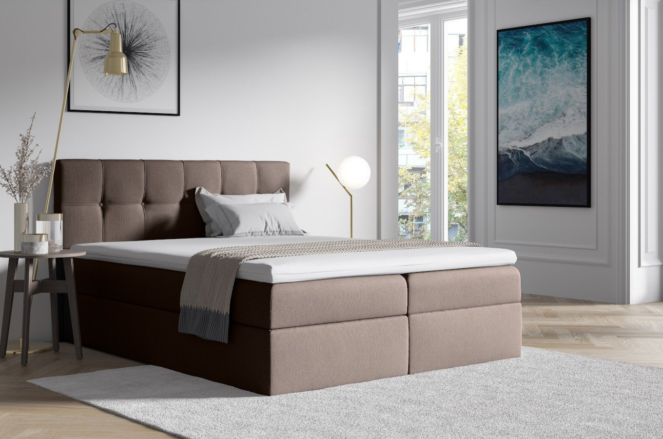 Tapicerowane łóżko kontynentalne ADRIANO z zagłówkiem pikowanym w kwadraty