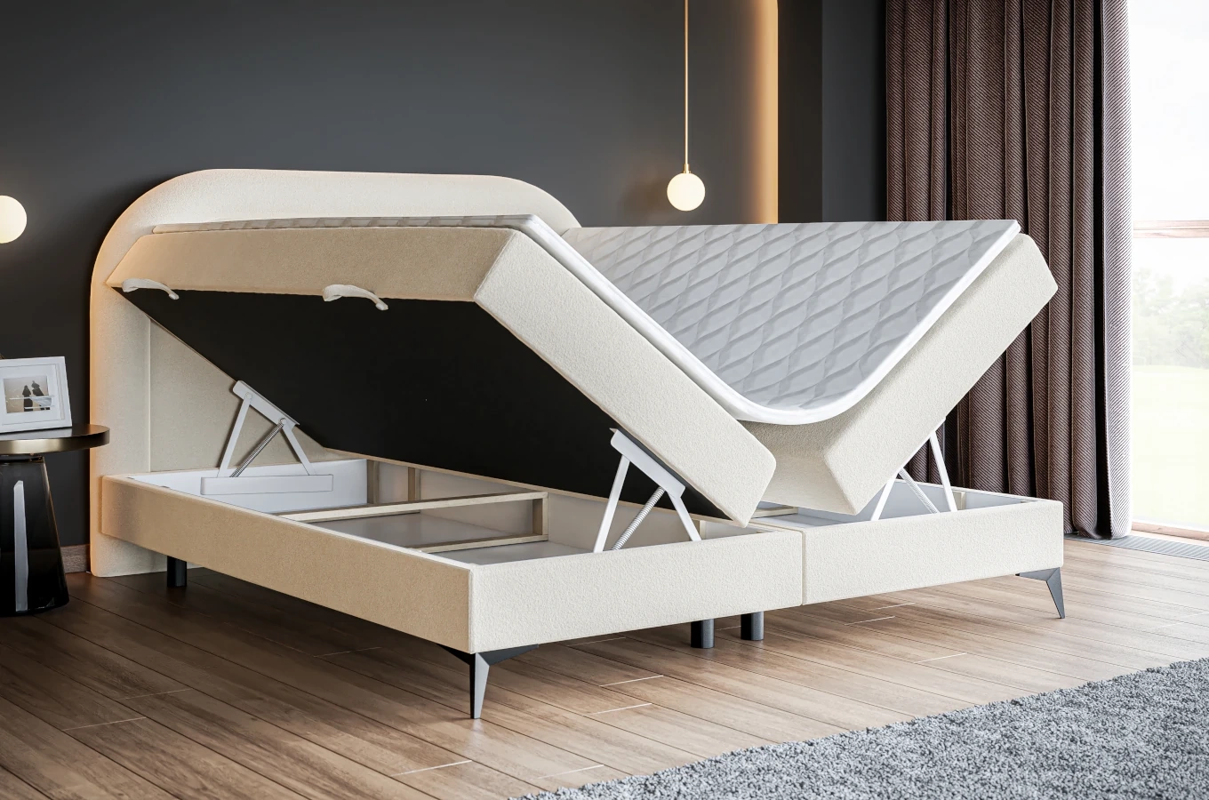 Tapicerowane łóżko kontynentalne DIEGO z półokrągłym zagłówkiem