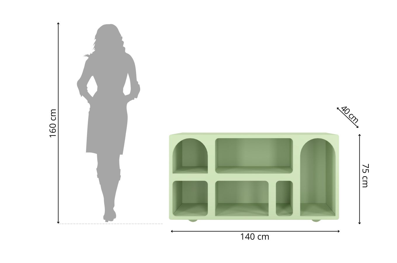 Drewniana komoda - regał - szafka RTV z łukami Visby OLIMPIA LONG / kolor pudrowa zieleń / szer. 140 cm