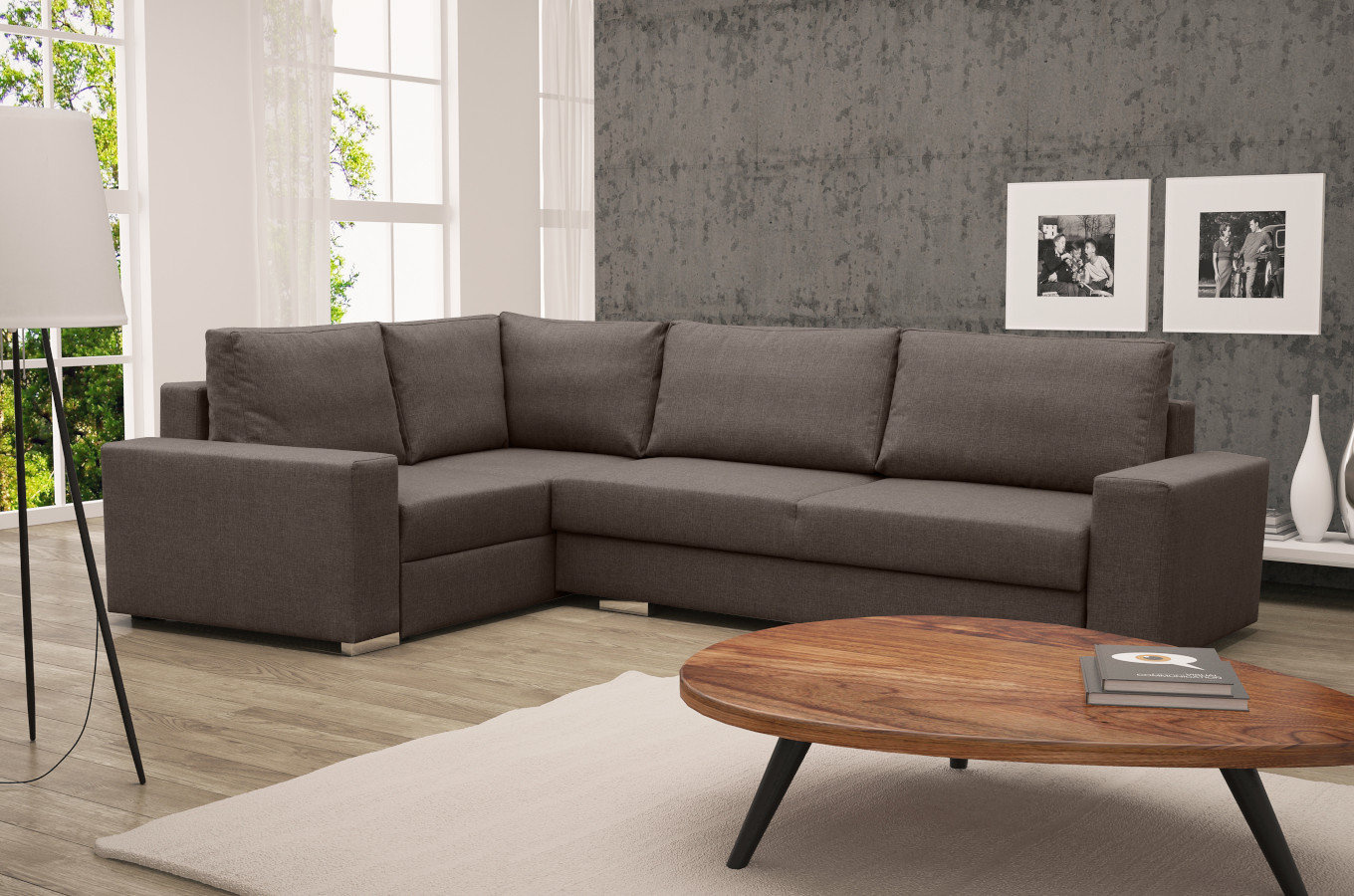 Nowoczesny rozkładany narożnik PEDRO z pojemnikiem na pościel