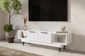 Elegancka biała komoda RTV Dancan ARTEMISA ze złotymi dodatkami / szer. 163 cm