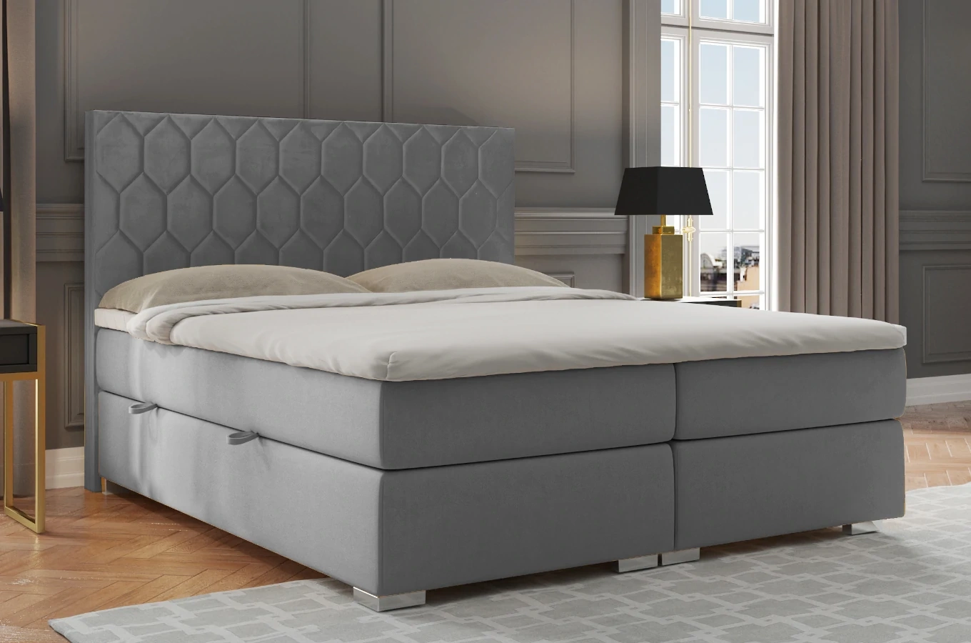 Eleganckie tapicerowane łóżko kontynentalne do sypialni NICOLA z pojemnikiem na pościel