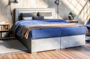 Eleganckie tapicerowane łóżko kontynentalne do sypialni TOMASSO z pojemnikiem na pościel
