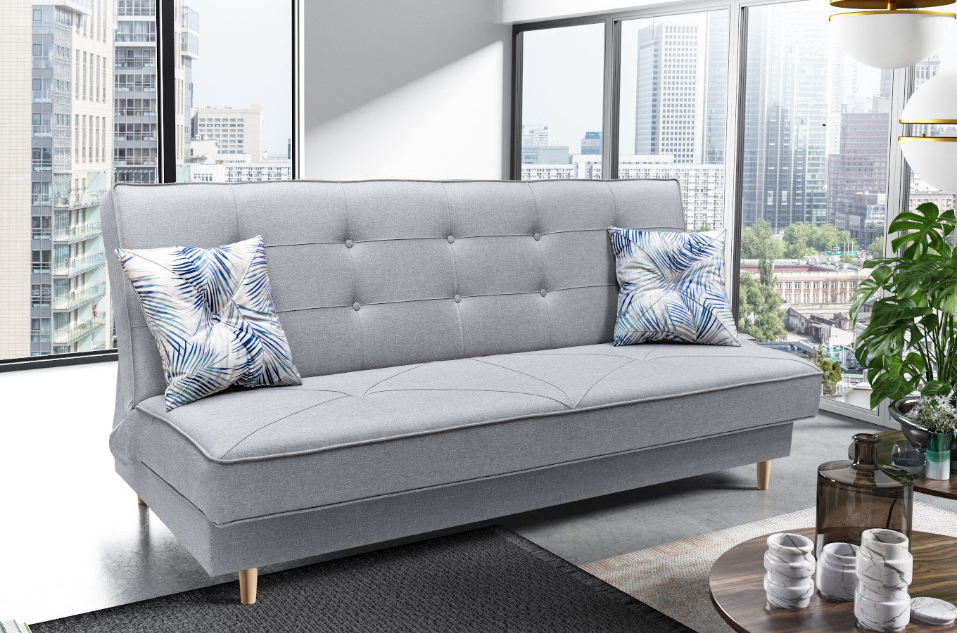 Elegancka sofa IZA w skandynawskim stylu, z funkcją spania i pojemnikiem na pościel