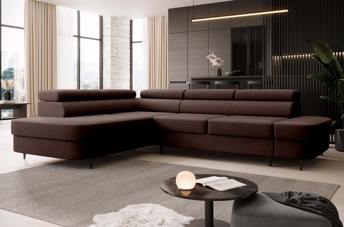 Nowoczesny narożnik TANZANIT L z funkcją spania i pojemnikiem na pościel