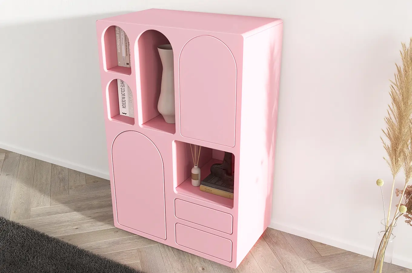 Drewniana komoda z łukami Visby OLIMPIA HIGH / kolor pudrowy róż / szer. 80 cm