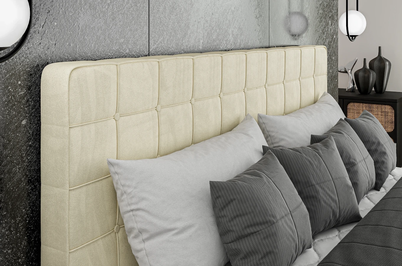 Eleganckie tapicerowane łóżko kontynentalne do sypialni HUAN z pojemnikiem na pościel