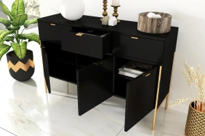 Elegancka czarna komoda do salonu Skandica POLKA na złotych nóżkach / szer. 120 cm