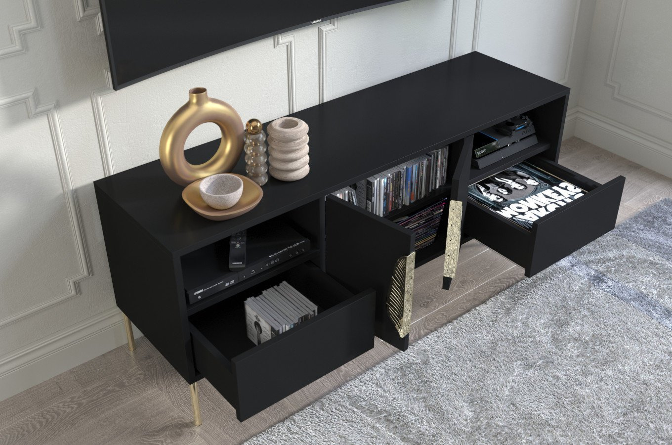 Czarna komoda RTV Skandica MERLIN ze złotymi dodatkami / szer. 138 cm