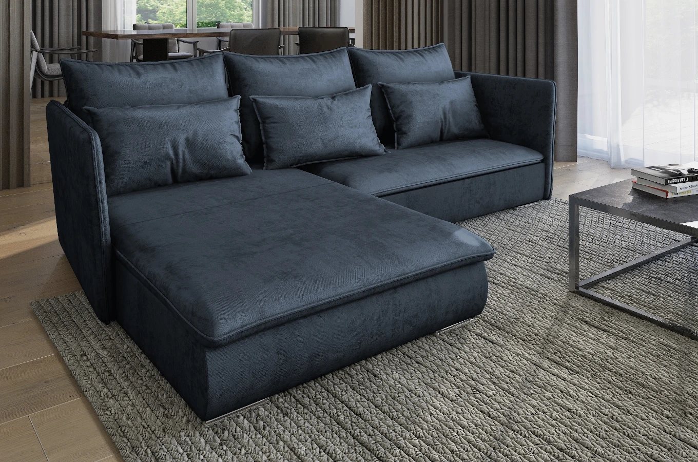 Nowoczesny narożnik SELAVI z funkcją spania i pojemnikiem na pościel