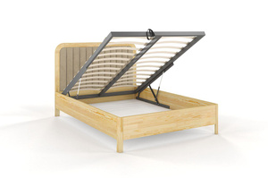 Tapicerowane łóżko drewniane sosnowe Visby MODENA BC z wysokim zagłówkiem / 200x200 cm, kolor naturalny, zagłówek Casablanca 2303 (skrzynia na pościel)