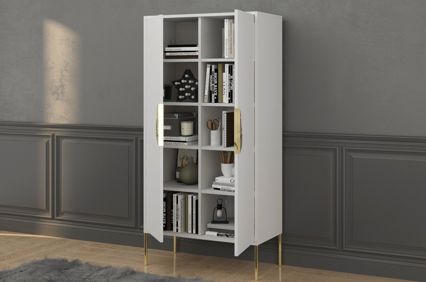 Wysoka biała komoda ze złotymi dodatkami Skandica MERLIN / szer. 80 cm