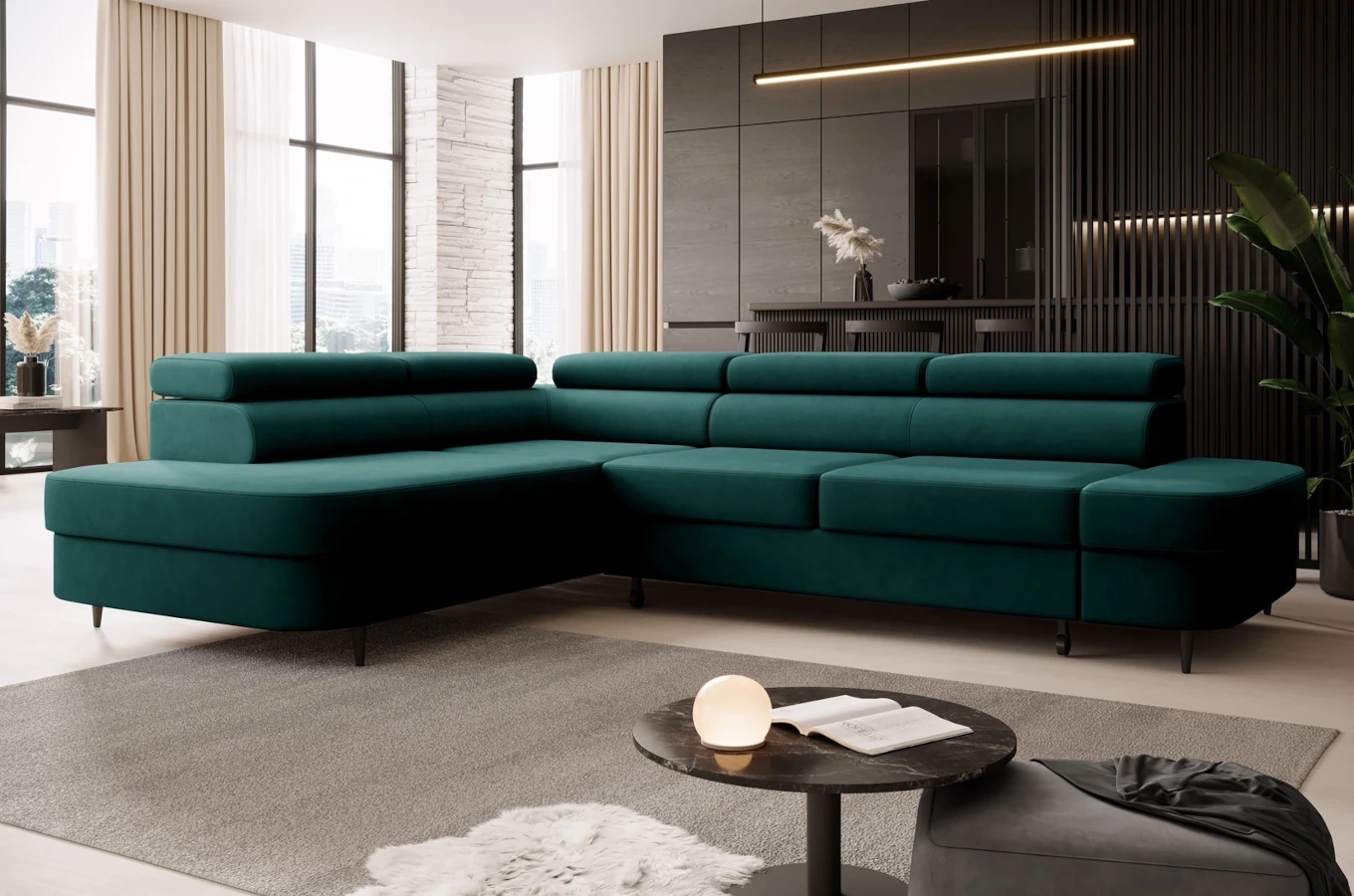 Nowoczesny narożnik TANZANIT L z funkcją spania i pojemnikiem na pościel