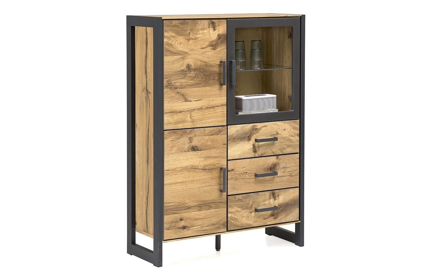 Nowoczesna dębowa komoda ze szklanymi drzwiami TURID 3S3D / szer. 97,5 cm