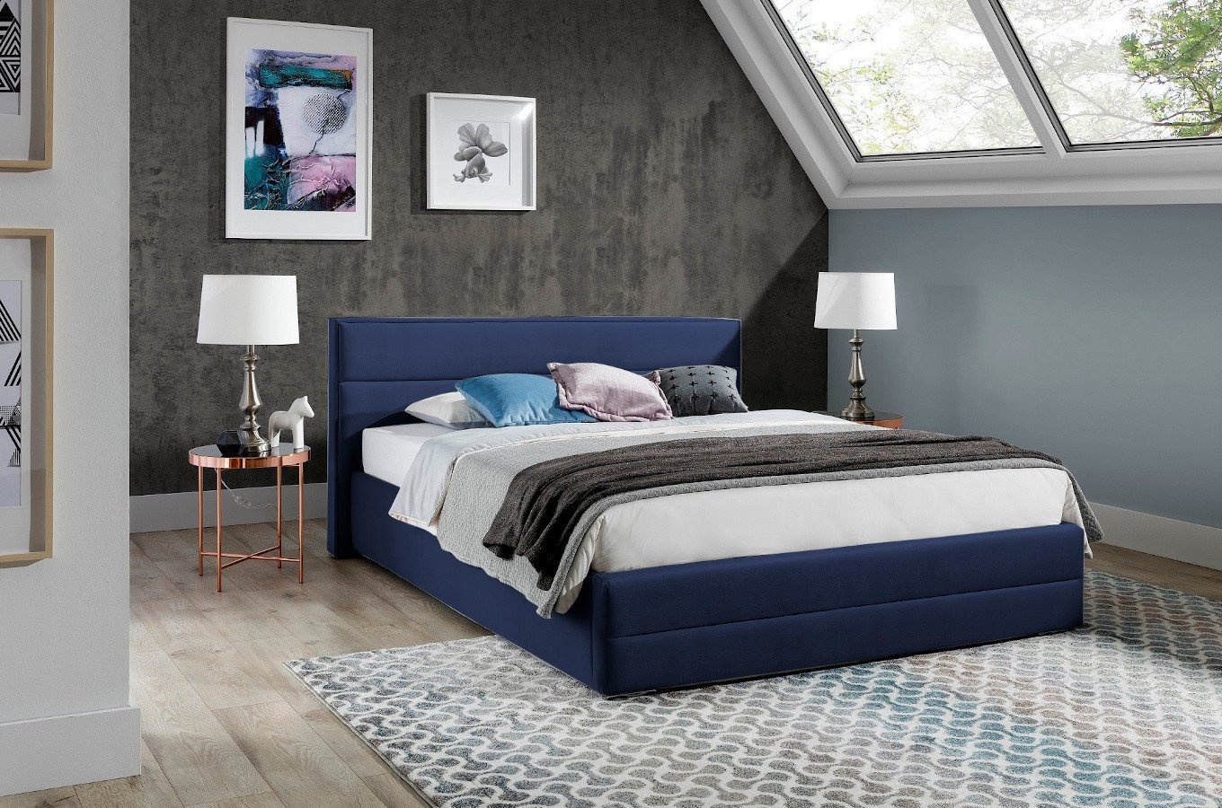 Eleganckie łóżko tapicerowane do sypialni URBANO z poziomymi przeszyciami na zagłówku