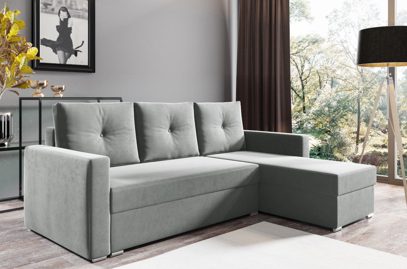 Nowoczesny narożnik ALESIO z funkcją spania i pojemnikiem na pościel