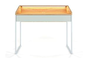 Nowoczesne biurko Dancan FINKA z oświetleniem / blat Jesion Górski + szuflada Pastel Green + stelaż szary / 110x56 cm