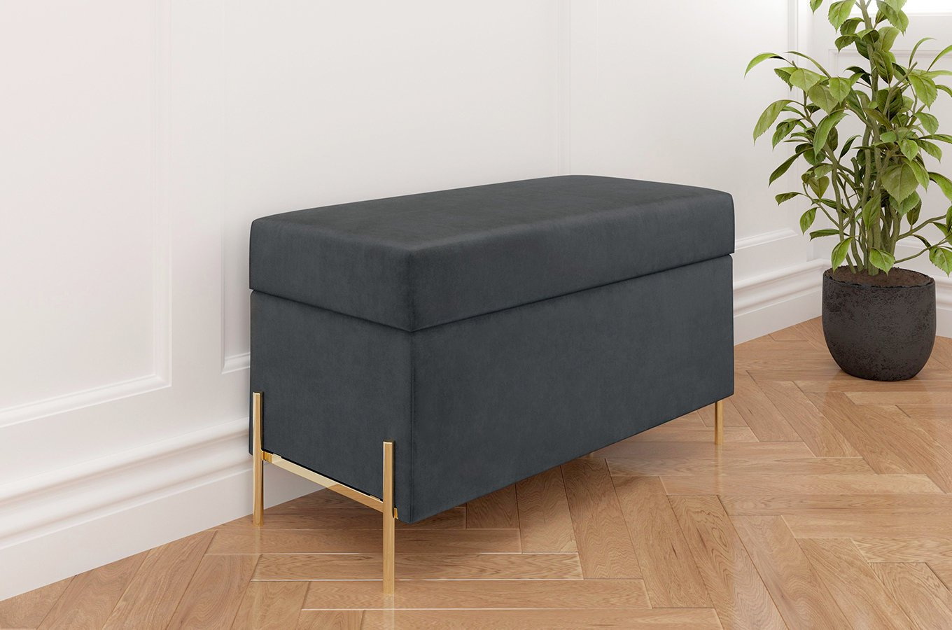 Szara tapicerowana ławka Dancan BORGO z pojemnikiem, na złotych metalowych nogach