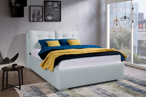 Eleganckie łóżko tapicerowane do sypialni ADRANO z poduszkami na zagłówku