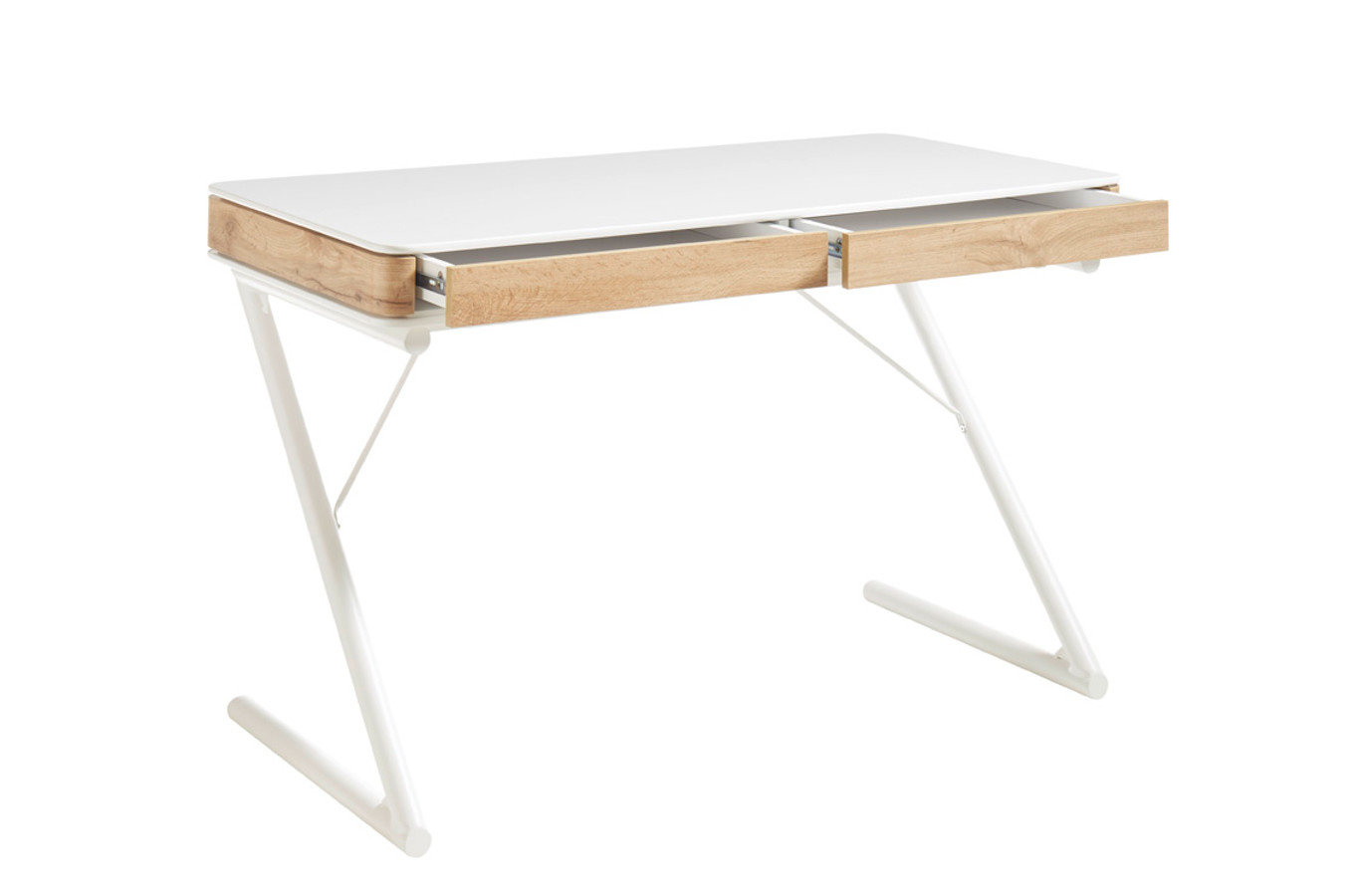 Nowoczesne biurko biało-dębowe z szufladami BUKAREST na metalowych nogach / 120x60 cm