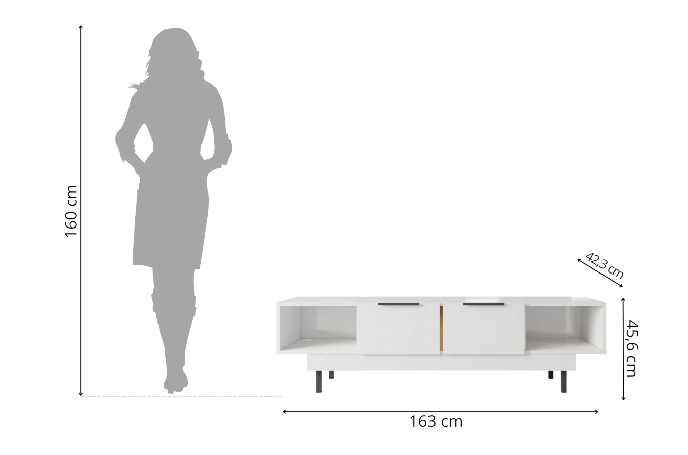 Elegancka biała komoda RTV Dancan ARTEMISA ze złotymi dodatkami / szer. 163 cm