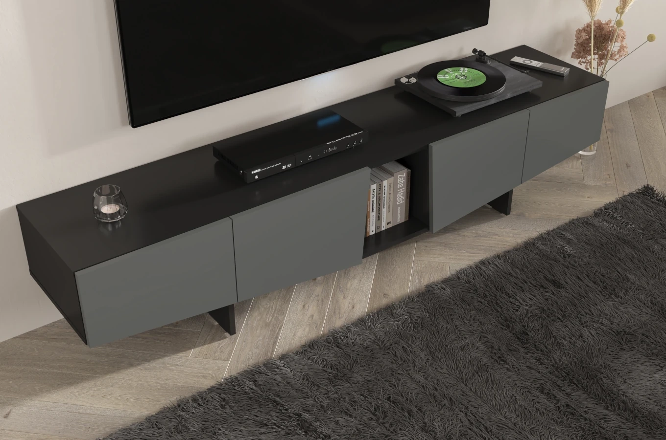 Nowoczesna szara szafka RTV z szufladami Skandica WING / szer. 200 cm