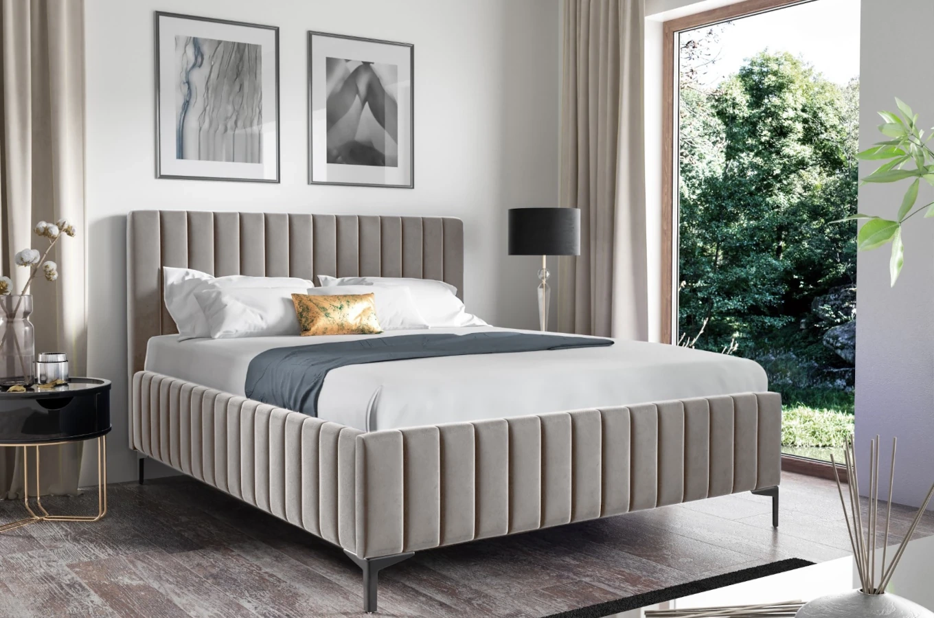 Eleganckie tapicerowane łóżko KORNELIA na metalowych nogach