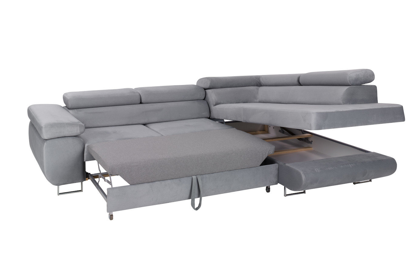 Nowoczesny narożnik DAJTI z funkcją spania, pojemnikiem na pościel oraz regulowanymi zagłówkami