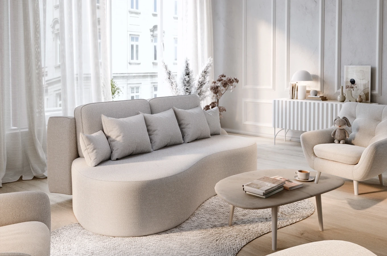 Nowoczesna sofa rozkładana VIVA z funkcją spania i pojemnikiem na pościel / szerokość 216 cm