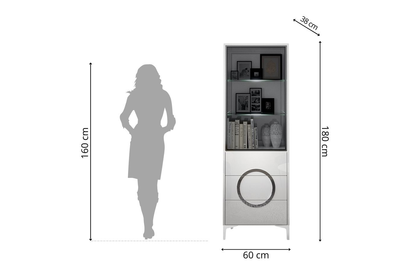 Biała nowoczesna witryna Dancan EVA ze szklanymi drzwiami połysk / szer. 60 cm